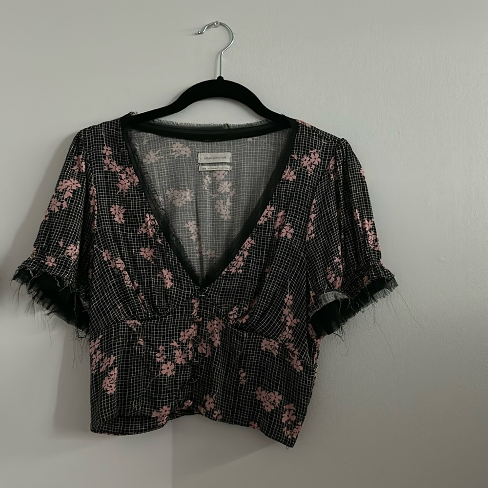 Urban Outfitters Crop Top with Mesh Edges and Pink Flowers